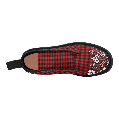 Blooming Red Buffalo Plaid Martin Boots for Women (Black) (Model 1203H)