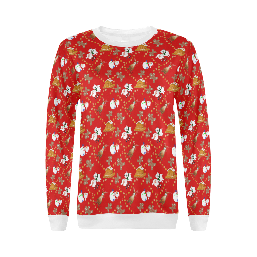Christmas Gingerbread, Snowman, Reindeer and Santa Red All Over Print Crewneck Sweatshirt for Women (Model H18)