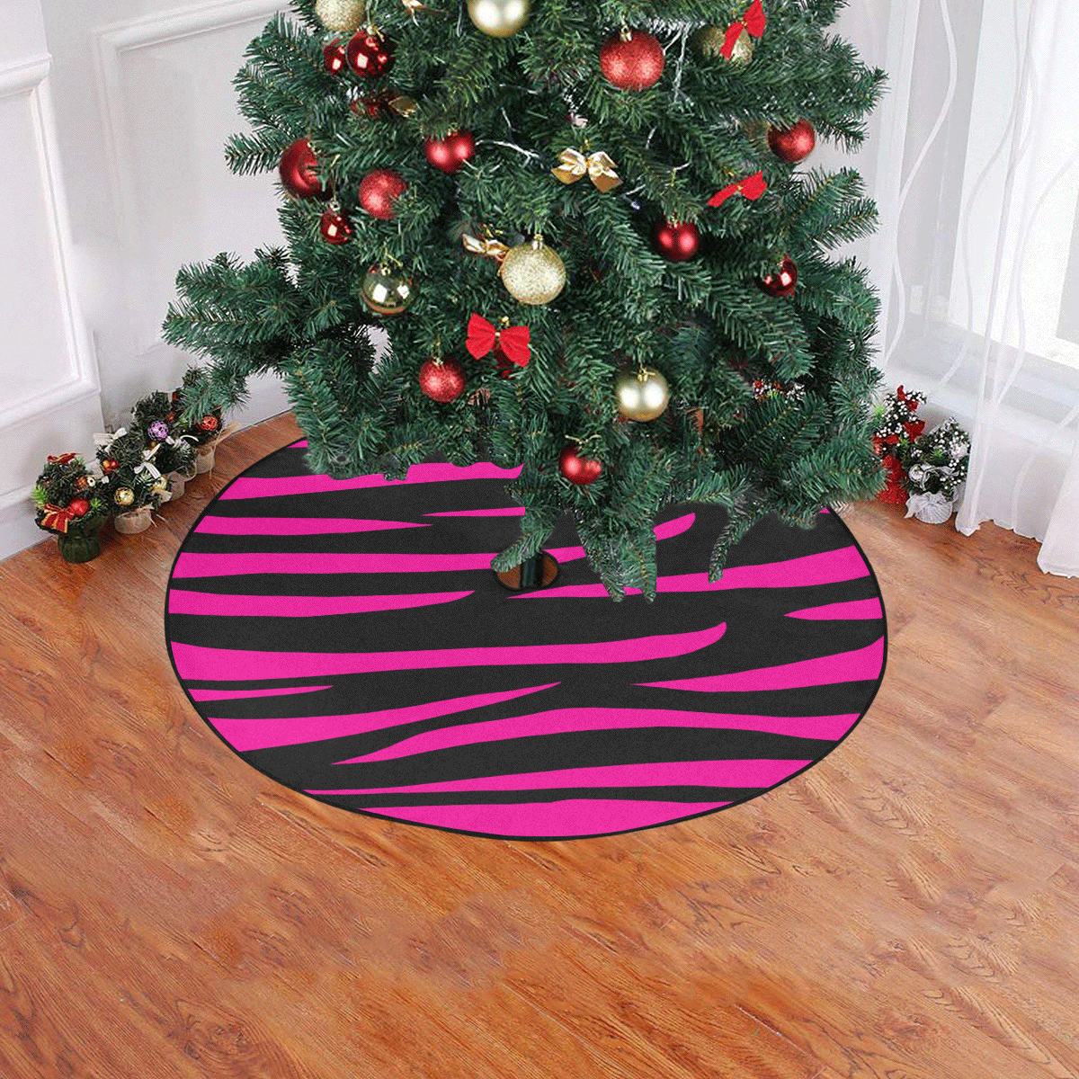 Tiger Stripes Black and Pink Christmas Tree Skirt 47" x 47"