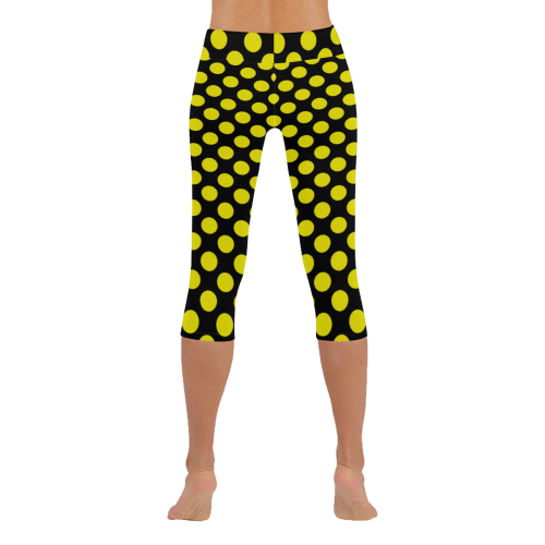 Yellow Polka Dots on Black Women's Low Rise Capri Leggings (Invisible Stitch) (Model L08)
