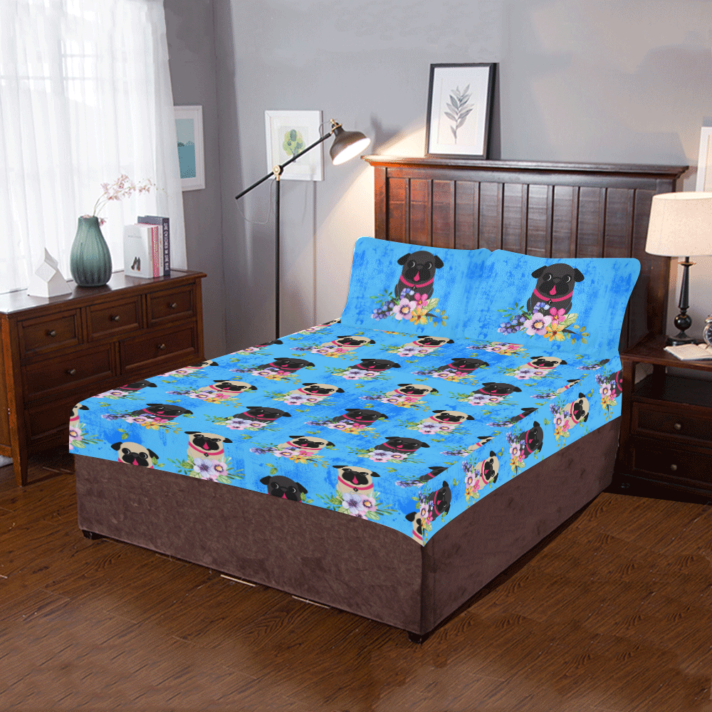 Pugs In Flowers - Black 3-Piece Bedding Set