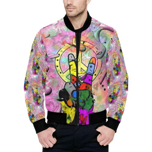 Peace by Nico Bielow All Over Print Quilted Bomber Jacket for Men (Model H33)