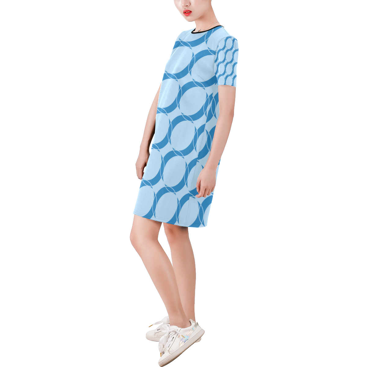 Abstract  pattern - blue. Short-Sleeve Round Neck A-Line Dress (Model D47)