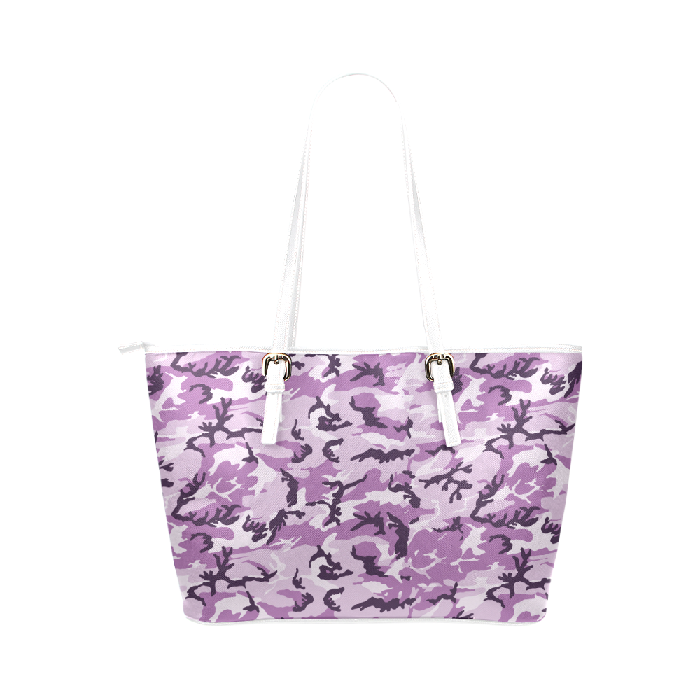 Woodland Pink Purple Camouflage Leather Tote Bag/Large (Model 1651)
