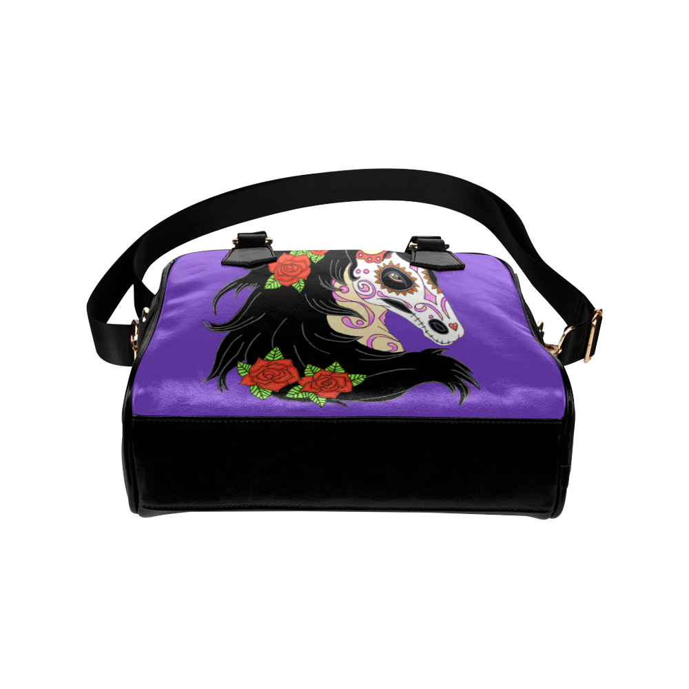 Sugar Skull Horse Red Roses Purple Shoulder Handbag (Model 1634)