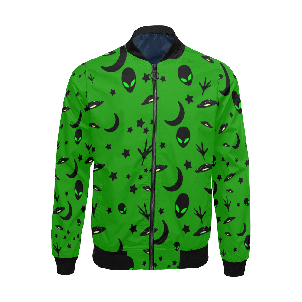 Alien Flying Saucers Stars Pattern on Green All Over Print Bomber Jacket for Men/Large Size (Model H19)