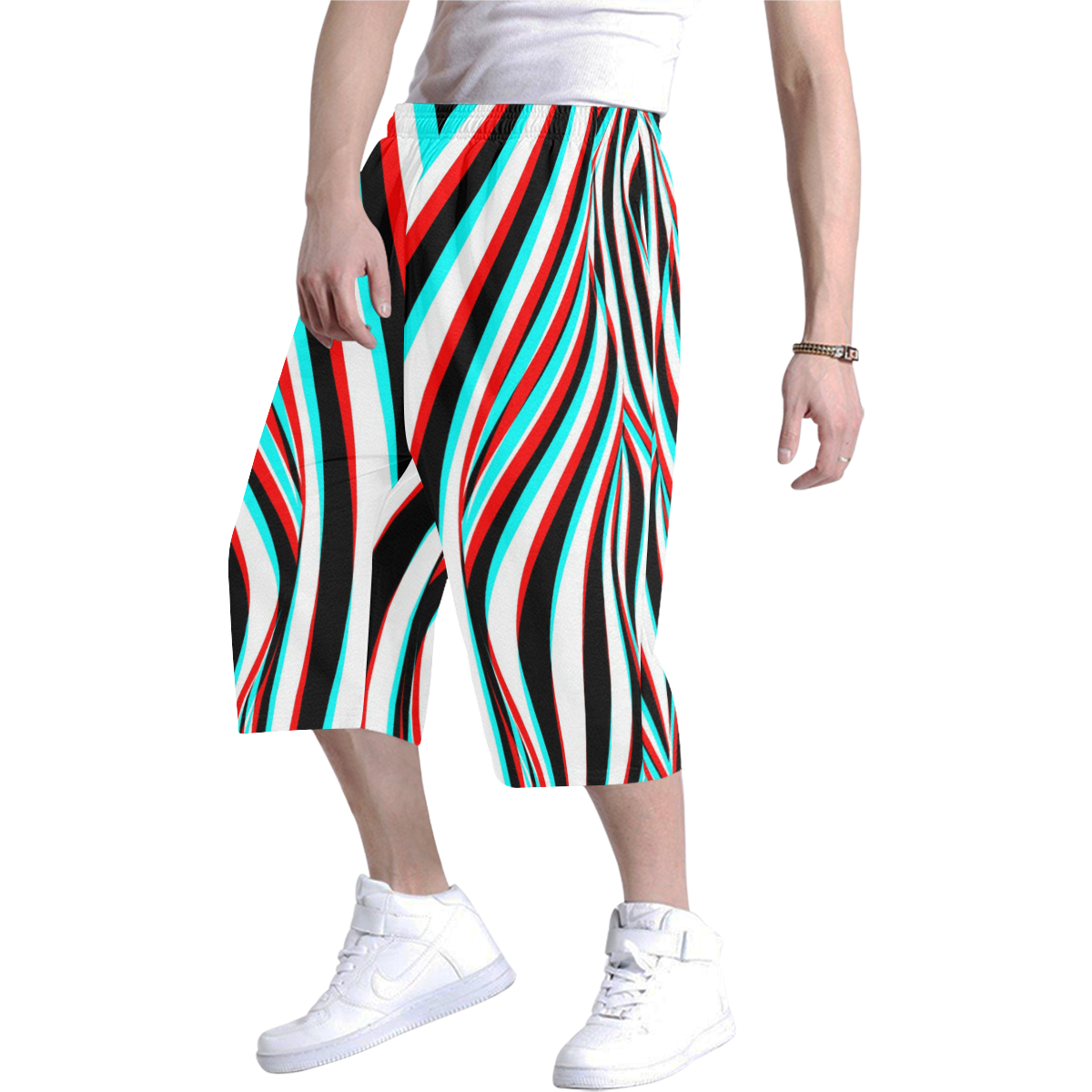 3D Stereoscopic Waves (Black/White/Red/Cyan) Men's All Over Print Baggy Shorts (Model L37)