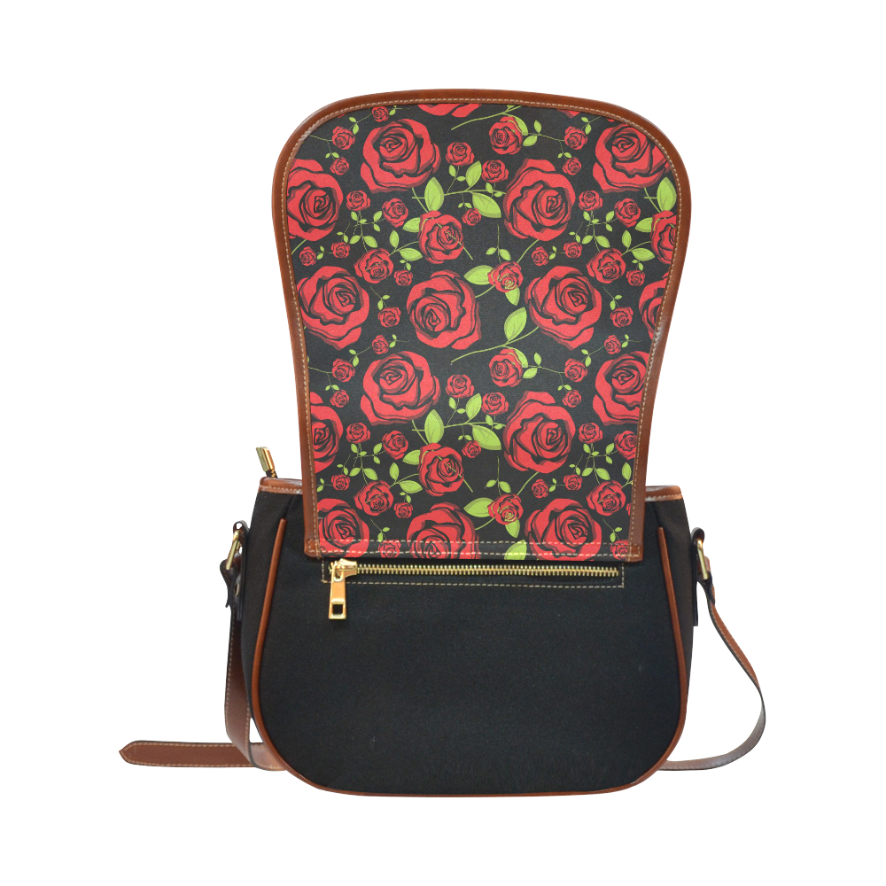 Red Roses on Black Saddle Bag/Small (Model 1649)(Flap Customization)