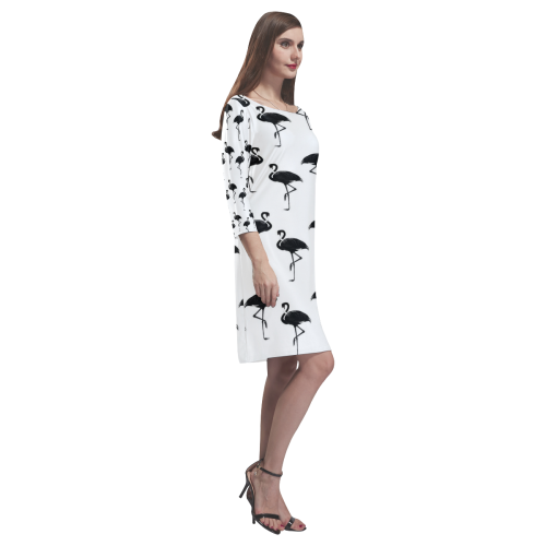 Flamingos Pattern Black and White Rhea Loose Round Neck Dress(Model D22)