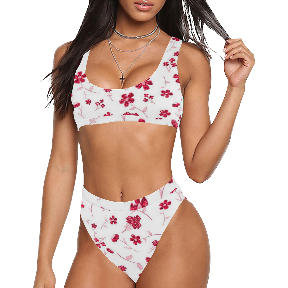 sweet shiny floral red Sport Top & High-Waisted Bikini Swimsuit (Model S07)