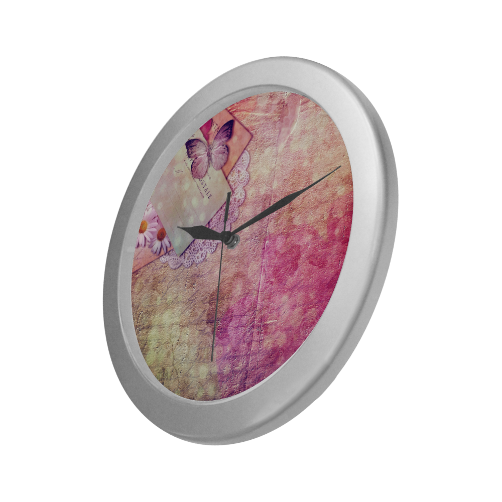 Silver Frame Wall Clock Classic Graphic Pink Butterfly Style Modern Art Wall Clock Silver Color Wall Clock