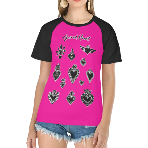 SACRED HEART - EX VOTO - Black Women's Raglan T-Shirt/Front Printing (Model T62)