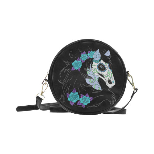 Sugar Skull Horse Turquoise Roses Round Sling Bag (Model 1647)