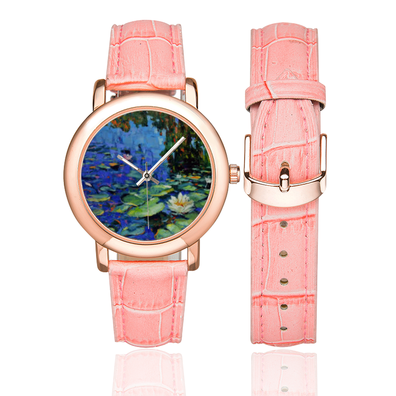 WATERLILIES POND Women's Rose Gold Leather Strap Watch(Model 201)