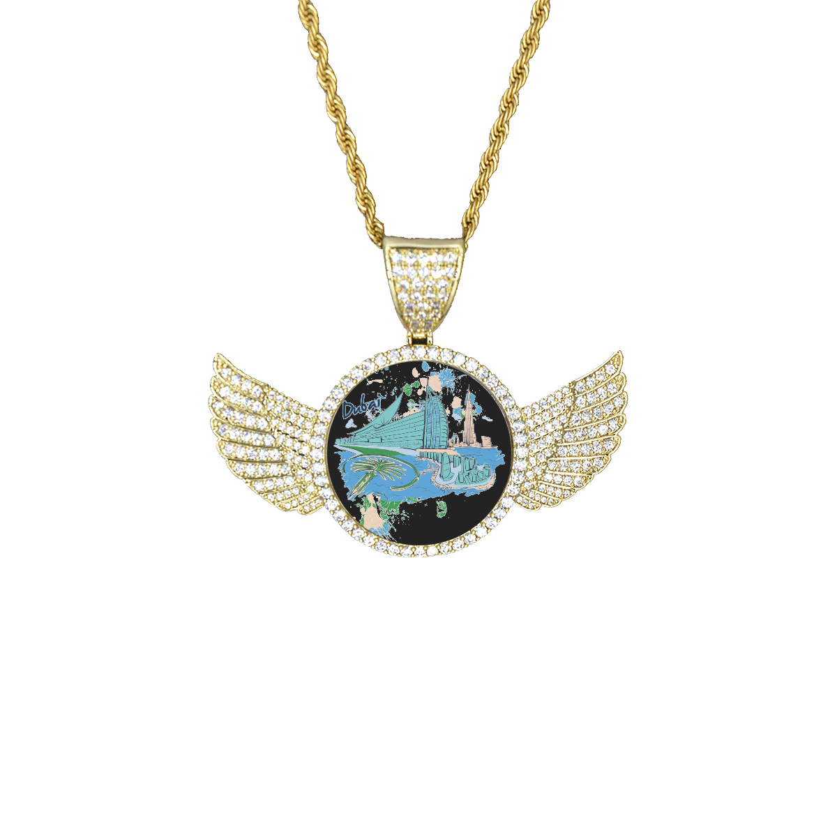Dubai Wings Gold Photo Pendant with Rope Chain