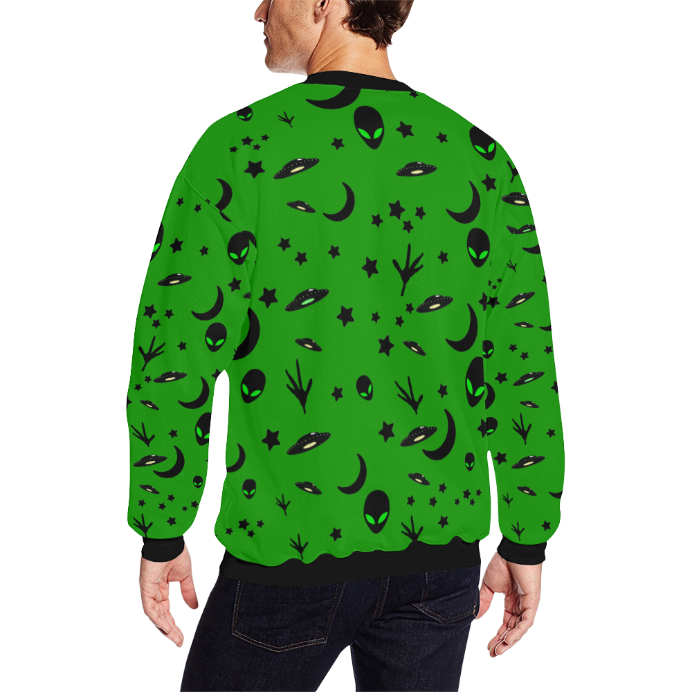 Alien Flying Saucers Stars Pattern on Green All Over Print Crewneck Sweatshirt for Men (Model H18)