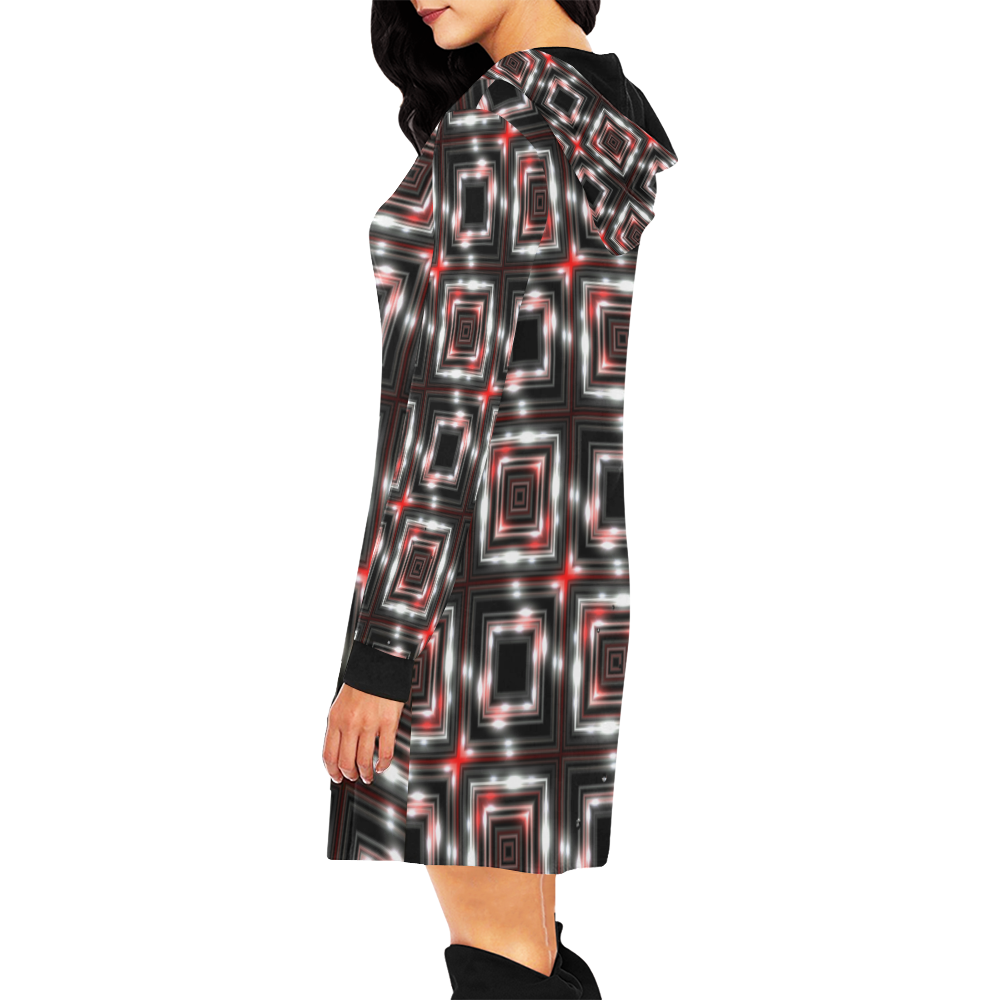 LIT Checkered (Black/White/Red) All Over Print Hoodie Mini Dress (Model H27)