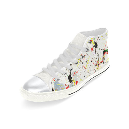 Yellow & Black Paint Splatter - White High Top Canvas Shoes for Kid (Model 017)