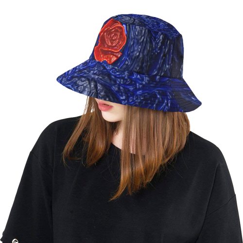 Blue fractal heart with red rose in plastic style All Over Print Bucket Hat