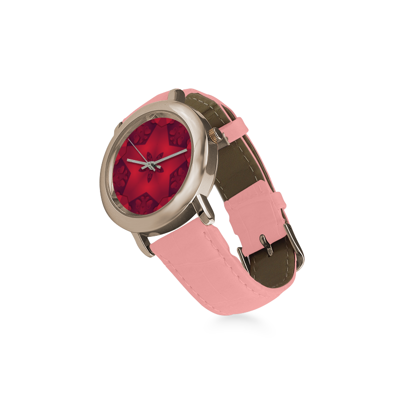 Love and Romance Red Star and Hearts Women's Rose Gold Leather Strap Watch(Model 201)