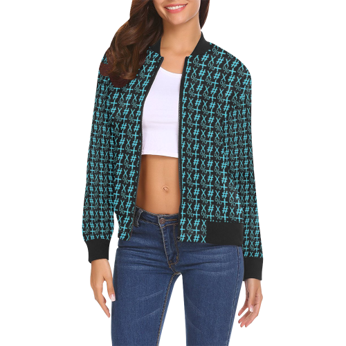 NUMBERS Collection Symbols Teal/Black All Over Print Bomber Jacket for Women (Model H19)