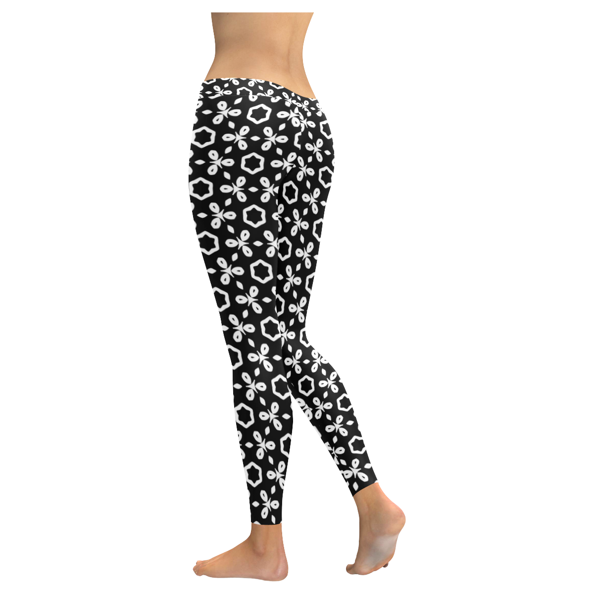 geometric pattern black and white Women's Low Rise Leggings (Invisible Stitch) (Model L05)