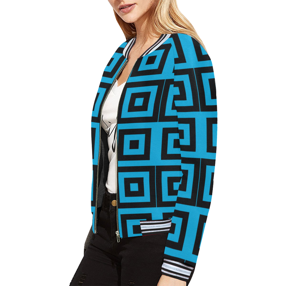 Blue-Black Pattern All Over Print Bomber Jacket for Women (Model H21)