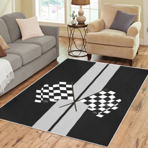Checkered Flags, Race Car Stripe Black and Silver Area Rug7'x5'