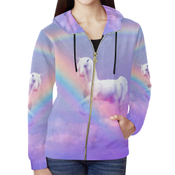 Unicorn and Rainbow All Over Print Full Zip Hoodie for Women (Model H14)