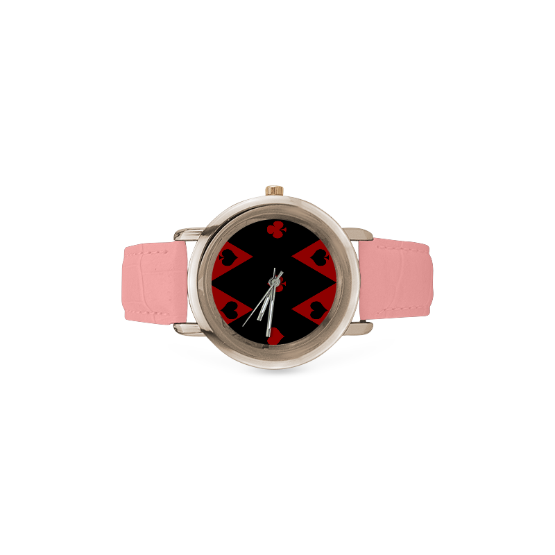 Las Vegas Black Red Play Card Shapes Women's Rose Gold Leather Strap Watch(Model 201)