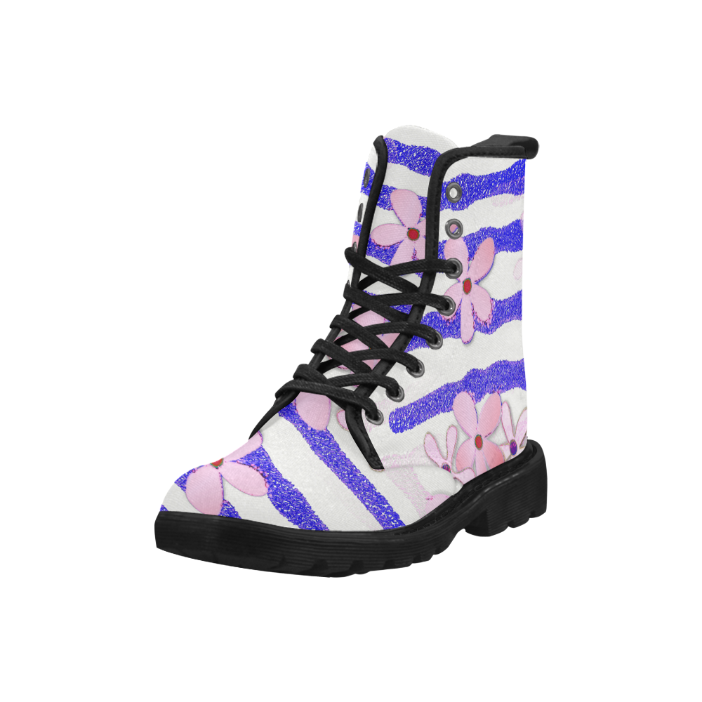 Lavender Blue Floral Pink Stripe Martin Boots for Women (Black) (Model 1203H)
