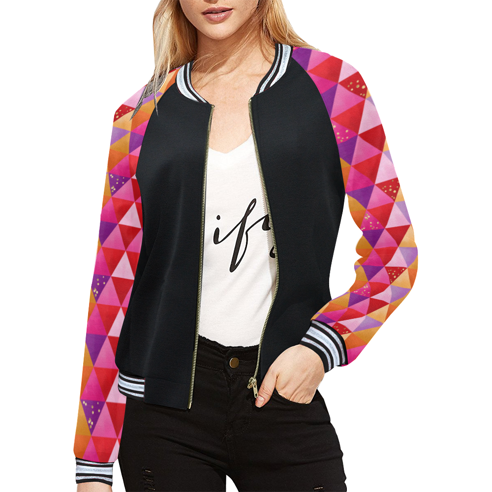 Triangle Pattern - Red Purple Pink Orange Yellow All Over Print Bomber Jacket for Women (Model H21)