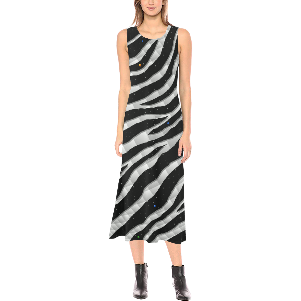 Ripped SpaceTime Stripes - White Phaedra Sleeveless Open Fork Long Dress (Model D08)