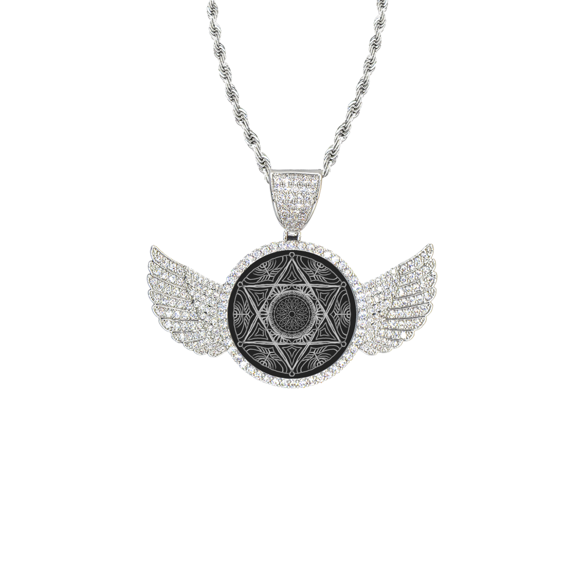 mandala 3D-4 Wings Silver Photo Pendant with Rope Chain