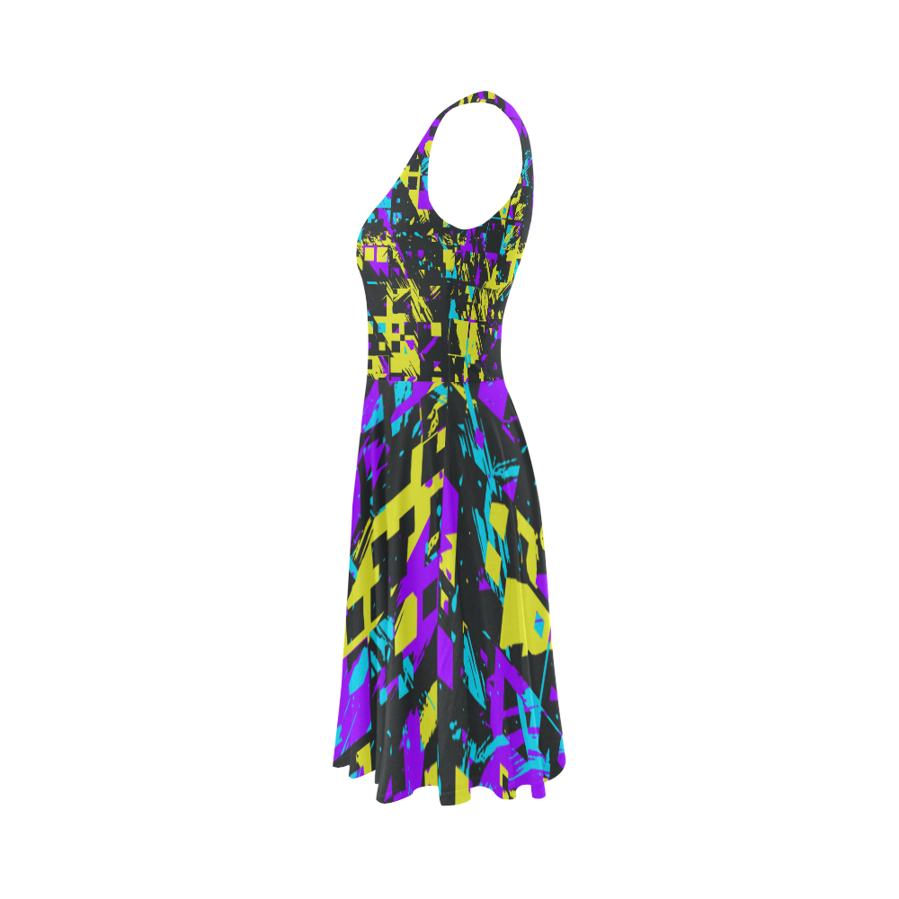 Purple yelllow squares Sleeveless Ice Skater Dress (D19)