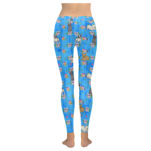 Frenchies in Flowers Women's Low Rise Leggings (Invisible Stitch) (Model L05)