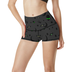 Alien Flying Saucers Stars Pattern on Charcoal Women's All Over Print Yoga Shorts (Model L17)