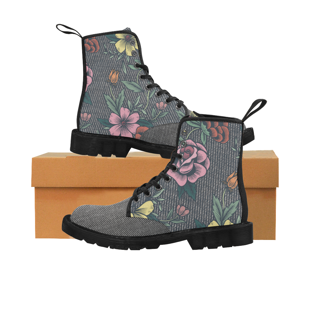Classic Flowers Grey Martin Boots for Women (Black) (Model 1203H)