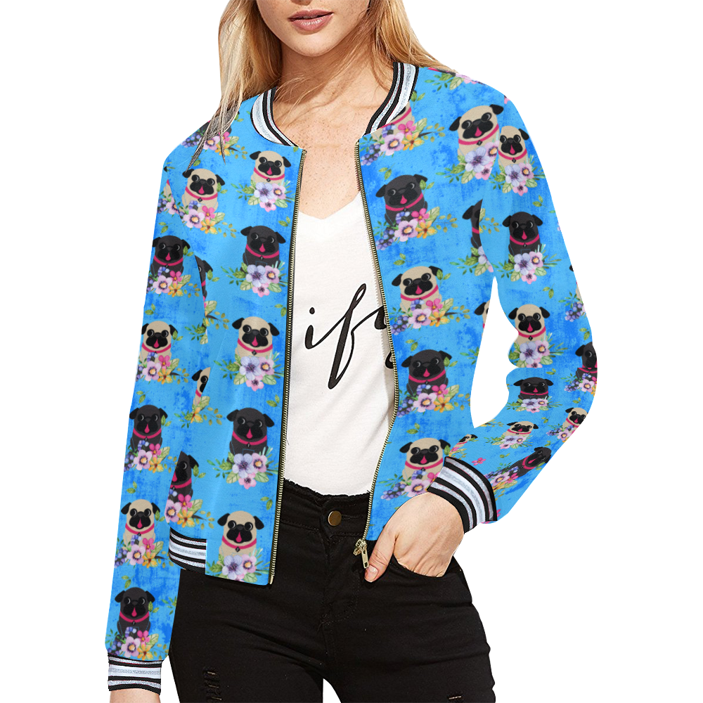 Pugs In Flowers All Over Print Bomber Jacket for Women (Model H21)