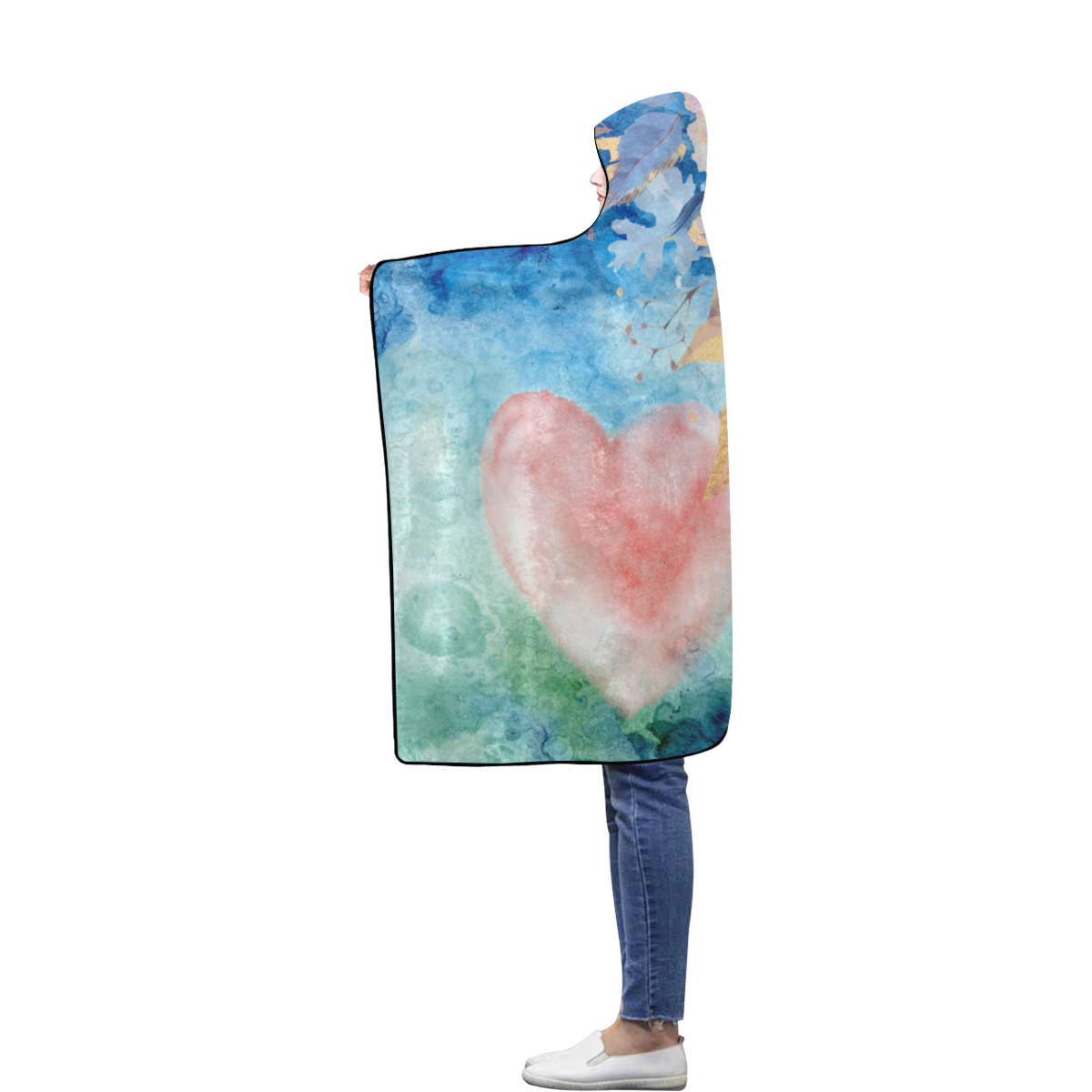 Heart and Flowers - Pink and Blue Flannel Hooded Blanket 50''x60''