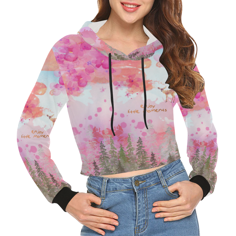 Little Deer in the Magic Pink Forest All Over Print Crop Hoodie for Women (Model H22)