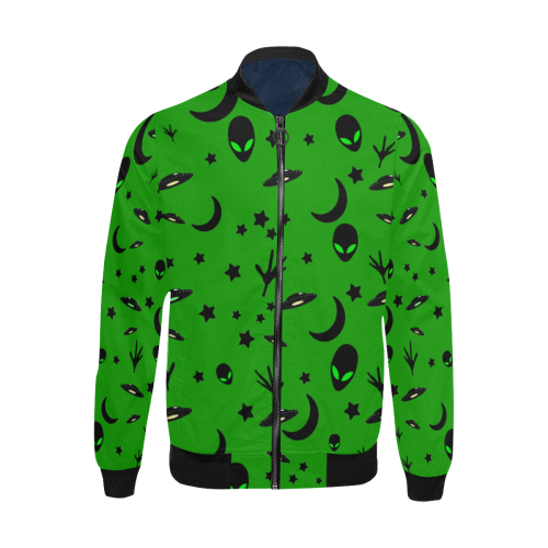 Alien Flying Saucers Stars Pattern on Green All Over Print Bomber Jacket for Men (Model H31)