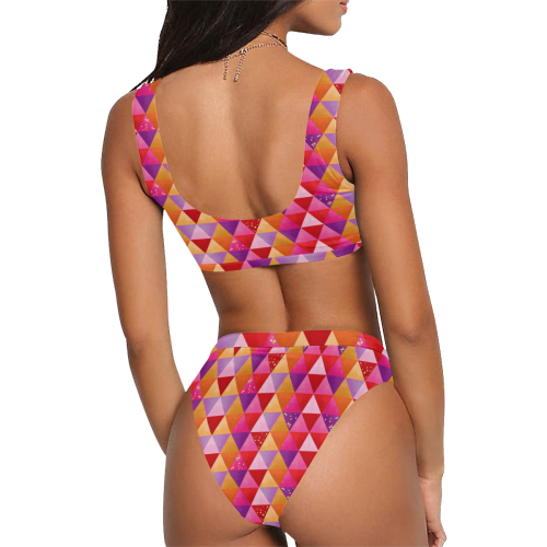Triangle Pattern - Red Purple Pink Orange Yellow Sport Top & High-Waisted Bikini Swimsuit (Model S07)