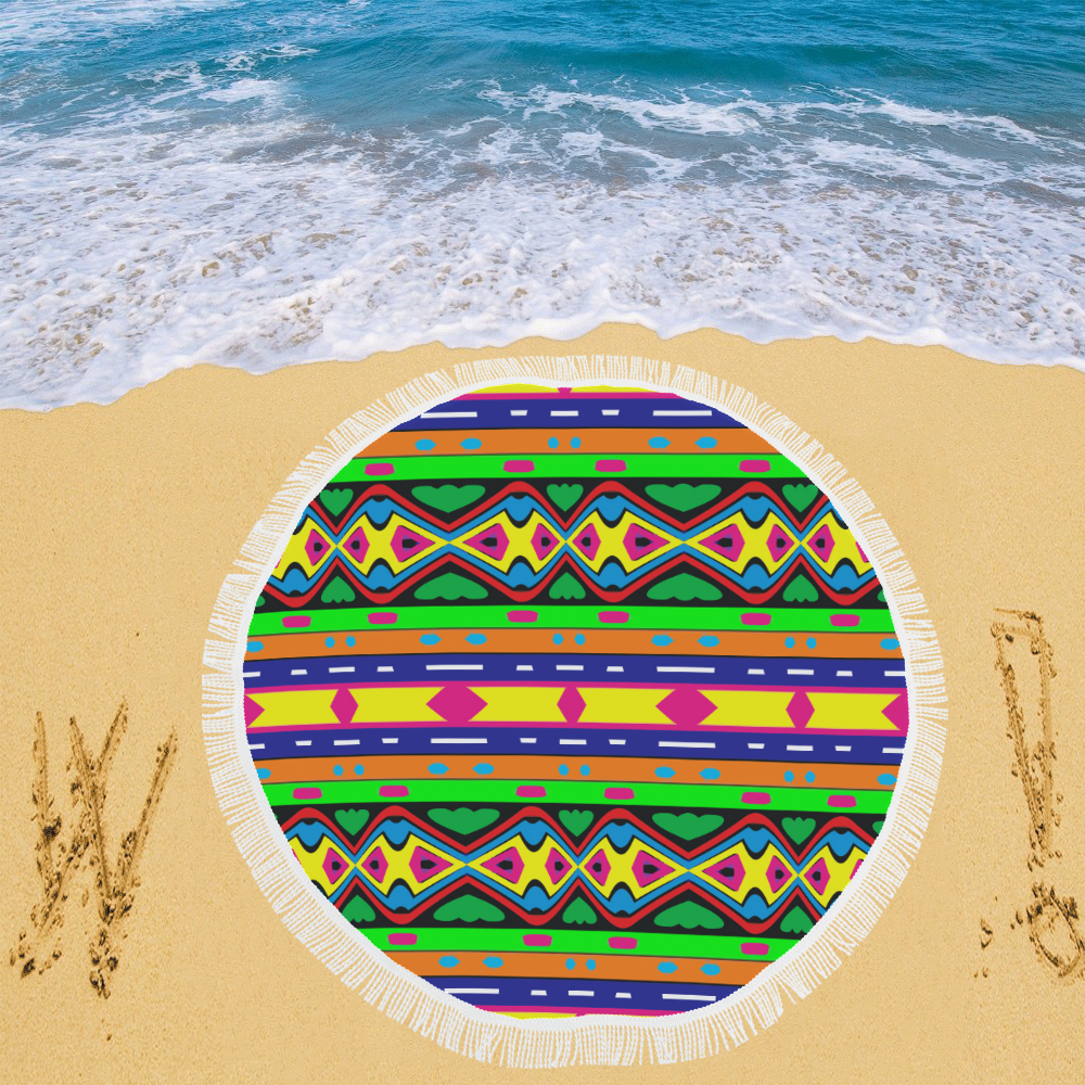 Distorted colorful shapes and stripes Circular Beach Shawl 59"x 59"