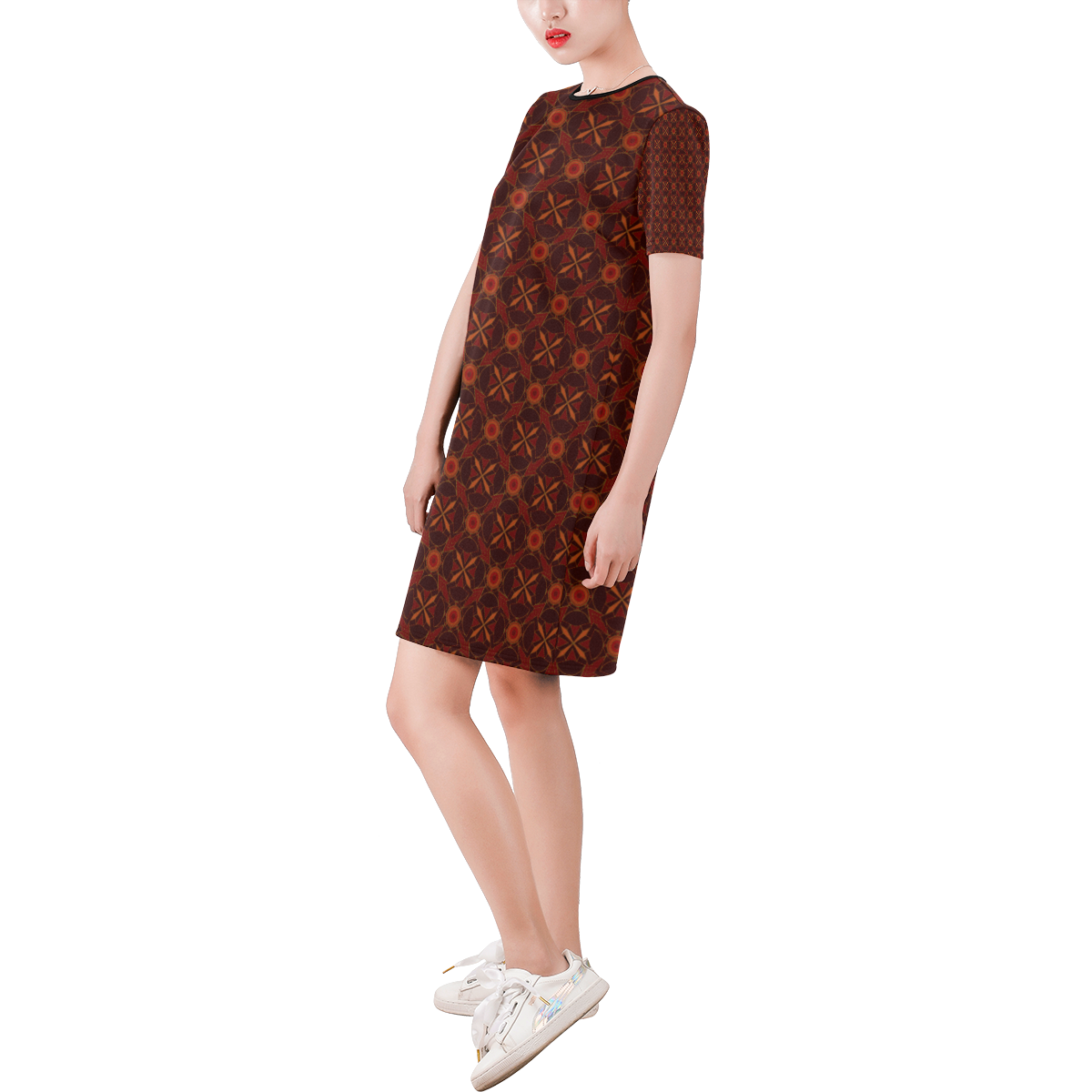 Brown Geometric Pattern Short-Sleeve Round Neck A-Line Dress (Model D47)