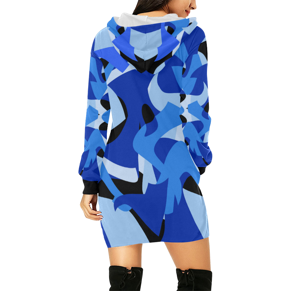 Camouflage Abstract Blue and Black All Over Print Hoodie Mini Dress (Model H27)