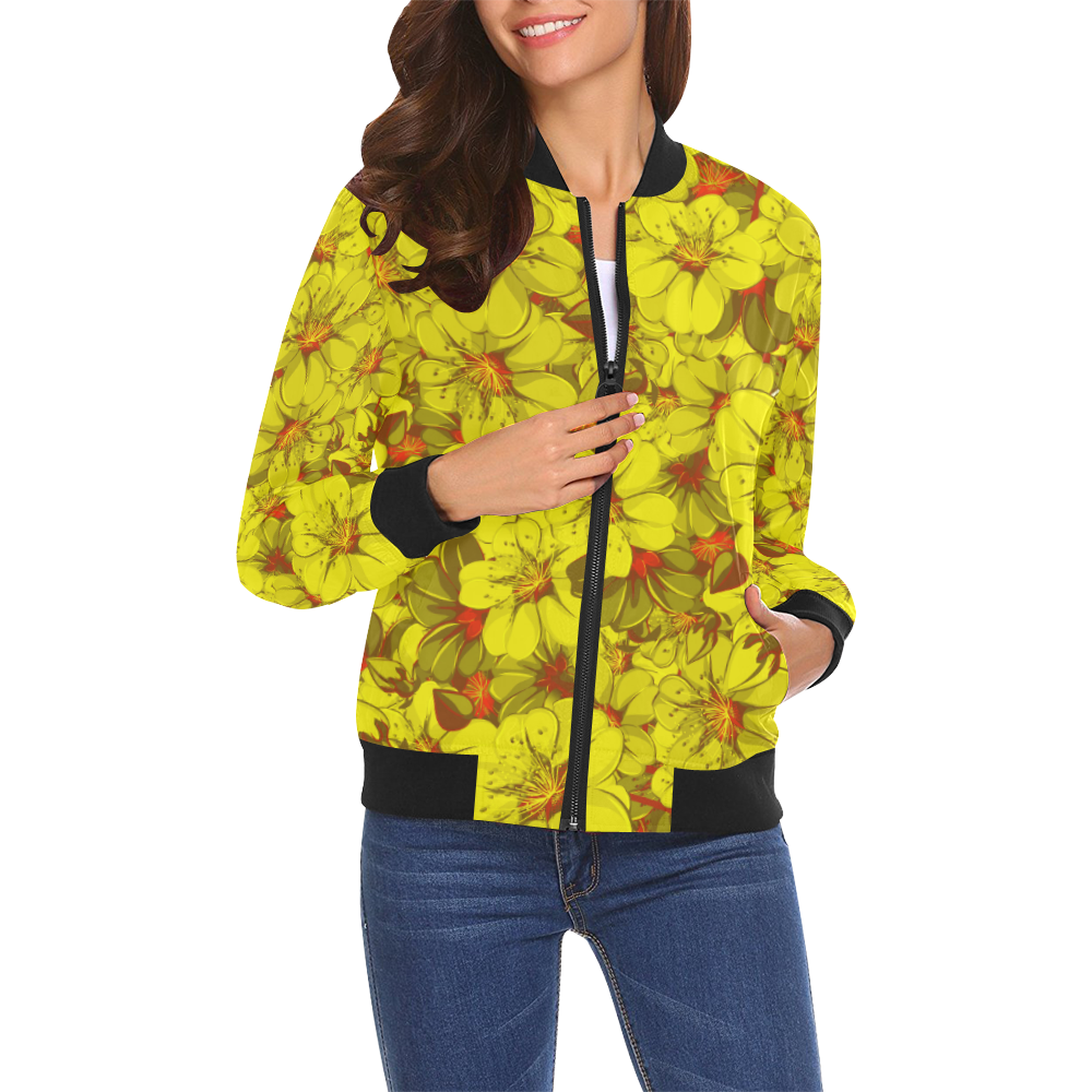 Yellow flower pattern All Over Print Bomber Jacket for Women (Model H19)