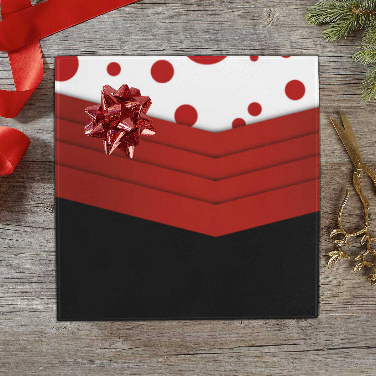 Polka Dots and Red Sash on Black Gift Wrapping Paper 58"x 23" (3 Rolls)