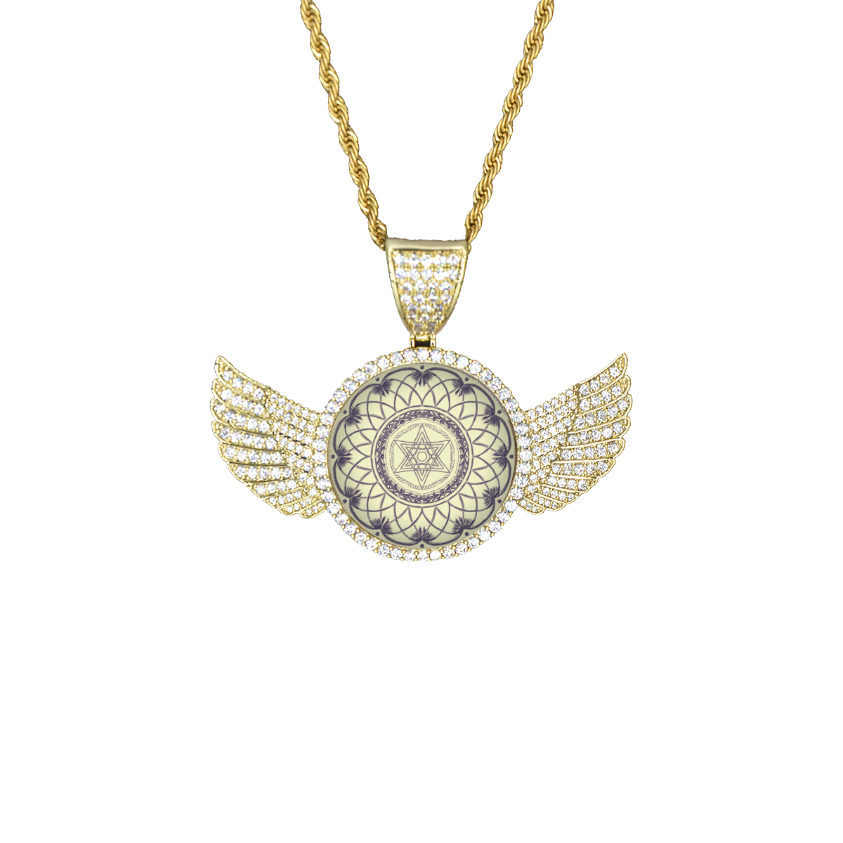 mandala 3D-21 Wings Gold Photo Pendant with Rope Chain