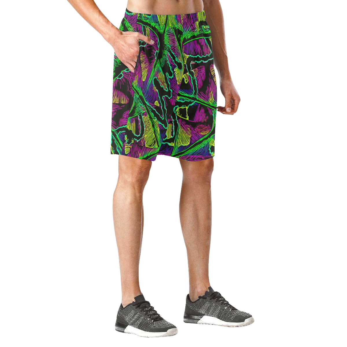 Neon Graffiti Outline Men's All Over Print Elastic Beach Shorts (Model L20)